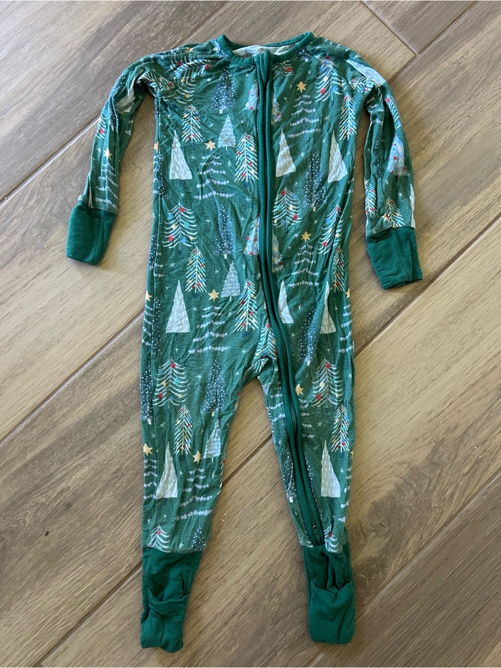 Little Sleepies Green Holiday Tree Print Footed One-Piece